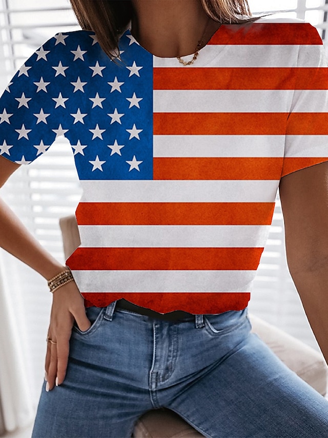  Dame 3D Amerikansk flagg Stjerner og striper Helg Uavhengighetsdagen 3D Maling Kortermet T skjorte Rund hals Trykt mønster Grunnleggende Topper Hvit Blå Marineblå S / 3D-utskrift