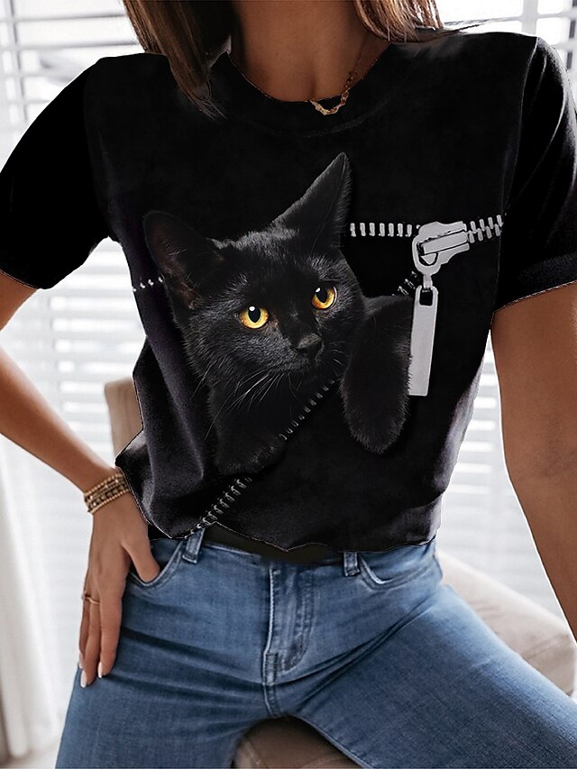  Dame T skjorte Dyr Katt 3D Daglig Helg Svart Trykt mønster Kortermet Grunnleggende Rund hals Normal