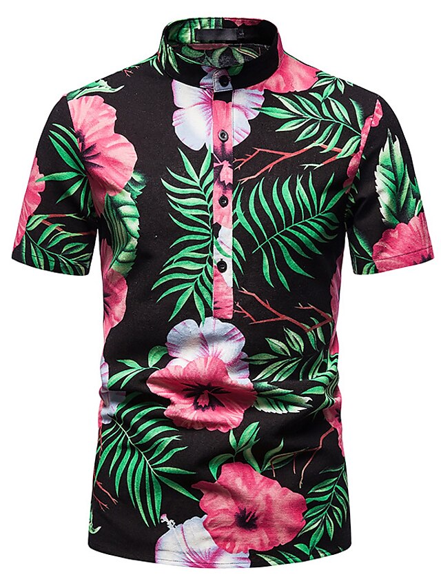 Men's Daily Other Prints Shirt Floral Leaves Short Sleeve Print Tops Fashion Hawaiian Beach Black / Summer / Stand Collar