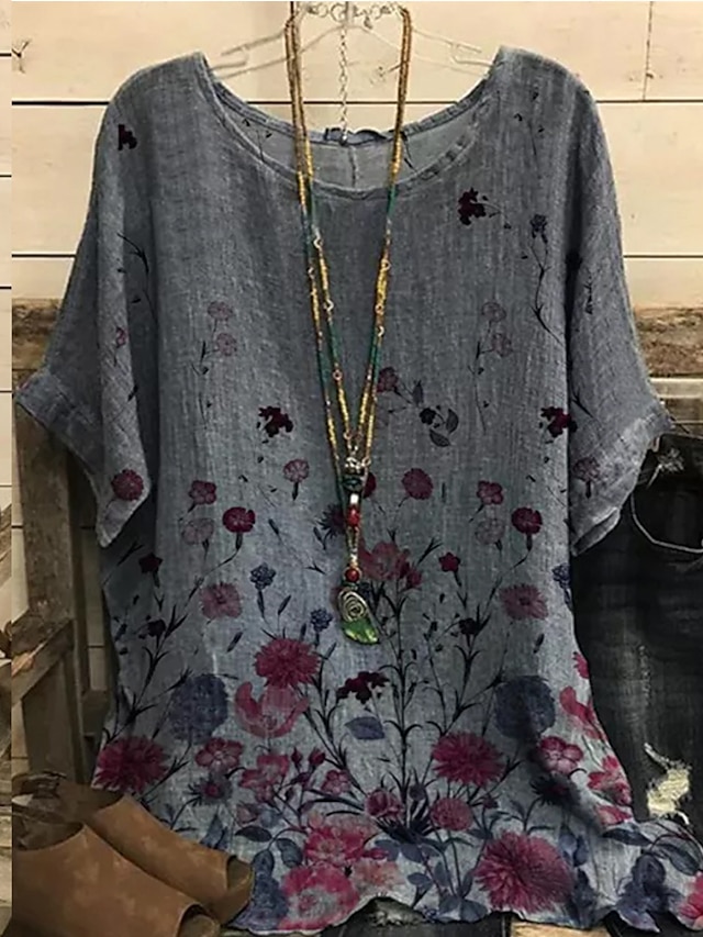  Damen Übergröße Oberteile Bluse Hemd Blumen Graphic Kurzarm Rundhalsausschnitt Polyester Normal Täglich Frühling Sommer Grau