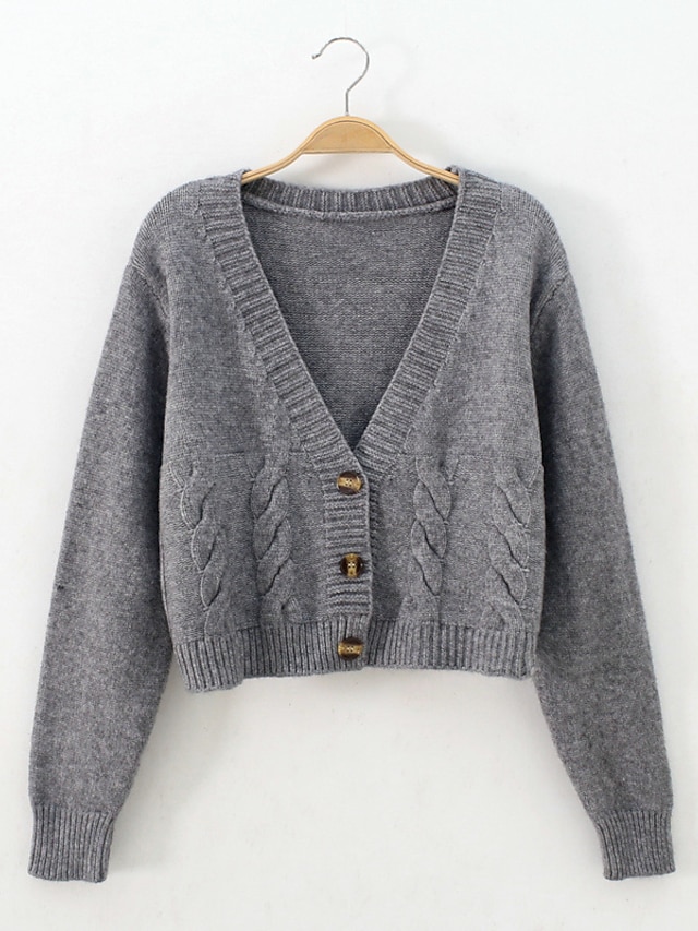  Women's Cardigan Solid Color Long Sleeve Sweater Cardigans V Neck Oatmeal Gray off-white