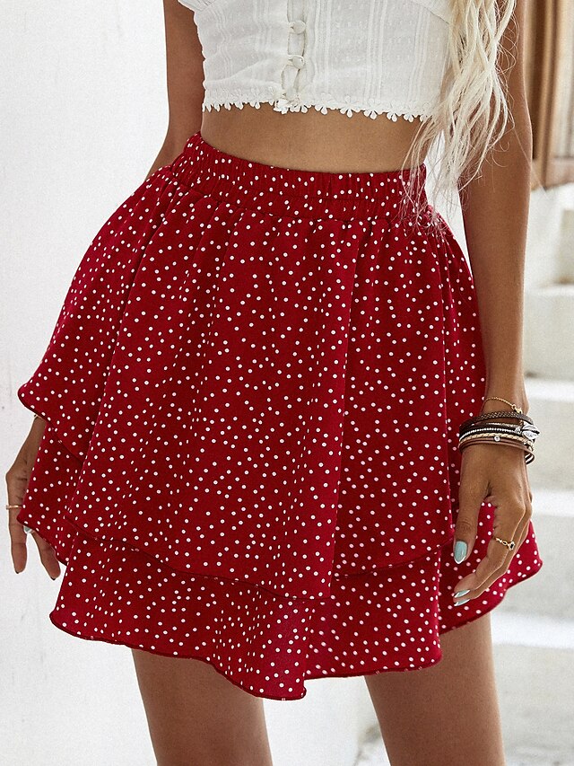  Women's Boho Mini Skirts Date Vacation Polka Dot Layered Red S M L / Above Knee