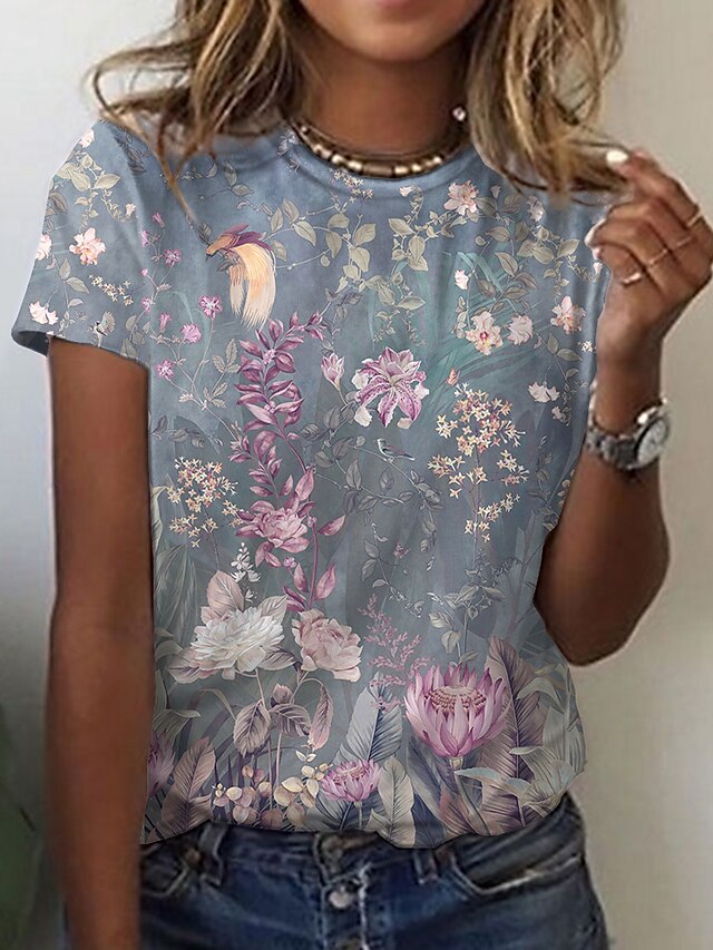  Women's Floral Graphic Patterned Holiday Weekend Floral Abstract Painting Short Sleeve T shirt Tee Round Neck Print Basic Essential Tops Green Black Blue S / 3D Print