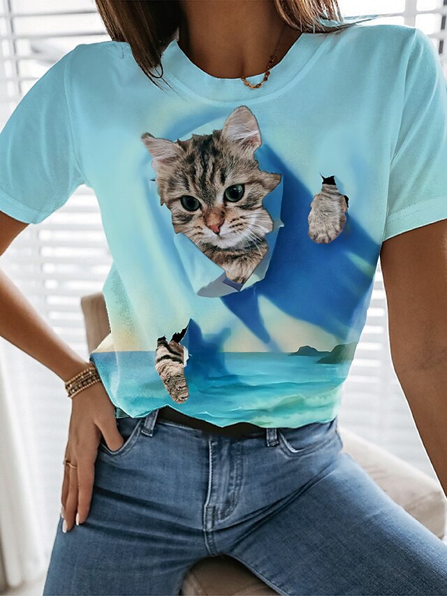  Dame Katt Grafisk 3D Daglig Helg 3D Cat Kortermet T skjorte Rund hals Trykt mønster Grunnleggende Topper Blå S / 3D-utskrift