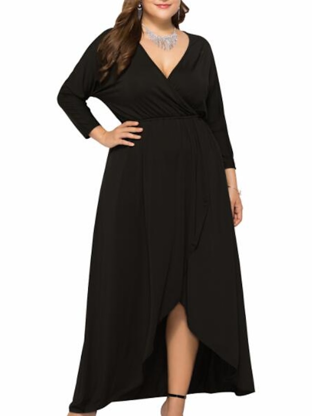  Women's Plus Size Solid Color Swing Dress V Neck Long Sleeve Party Work Sexy Wedding Fall Spring Vacation Going out Maxi long Dress Dress