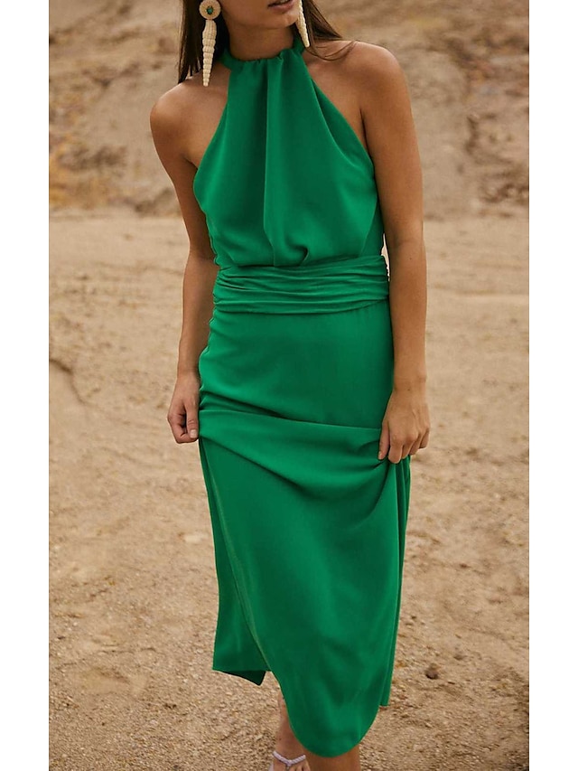  Women's Maxi long Dress Sheath Dress Green Sleeveless Solid Color Halter Neck Fall Summer Casual 2022 S M L XL