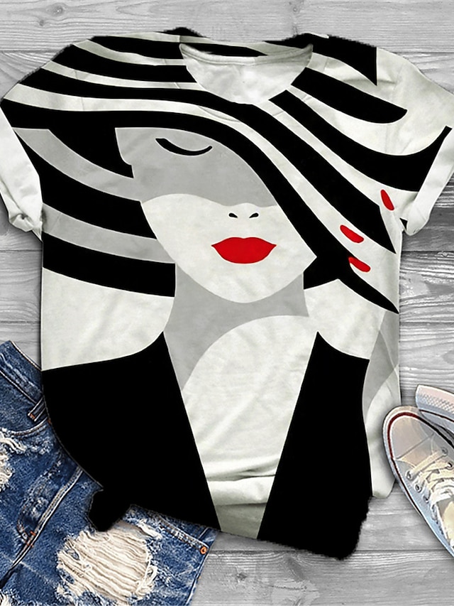  Damen Übergröße Oberteile T-Shirt Grafik Porträt Kurzarm Bedruckt Grundlegend Rundhalsausschnitt Baumwoll-Spandex-Trikot Täglich Festtage Schwarz