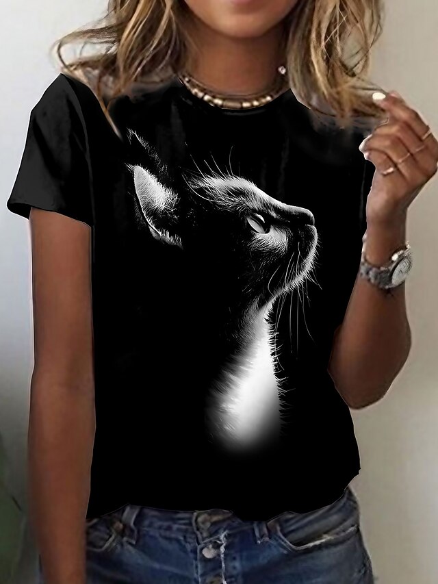  Women's T shirt Tee Animal Cat 3D Daily Weekend Print Black Short Sleeve Basic Round Neck