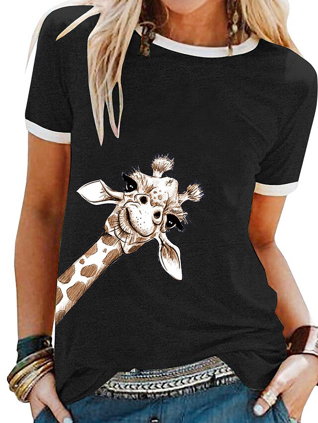  Forwelly Damen T-Shirt Giraffe Animal Print Sommer lässig Kurzarm Rundhalsausschnitt Pullover Top Bluse schwarz
