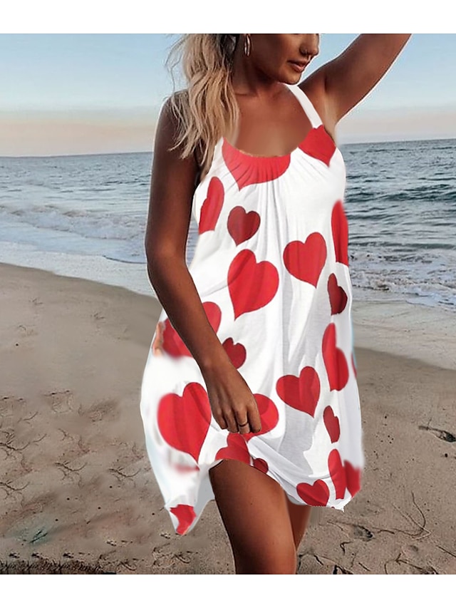  Women's Fashion Heart Print Strap Summer Dress