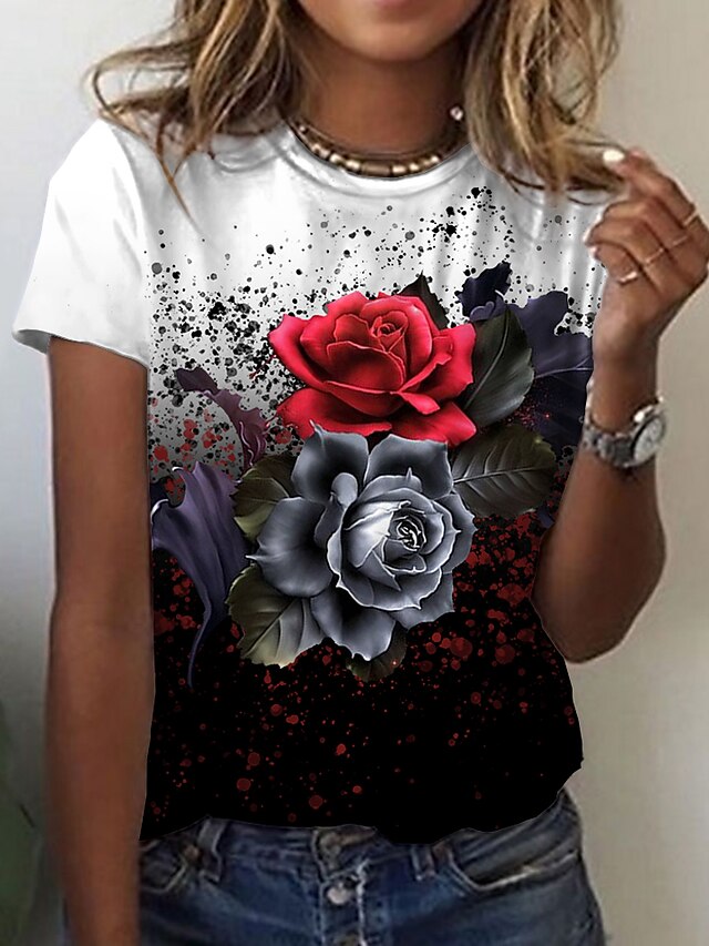  Women's T shirt Tee Black Print Floral Color Block Daily Weekend Short Sleeve Round Neck Basic Regular Floral Abstract Painting S