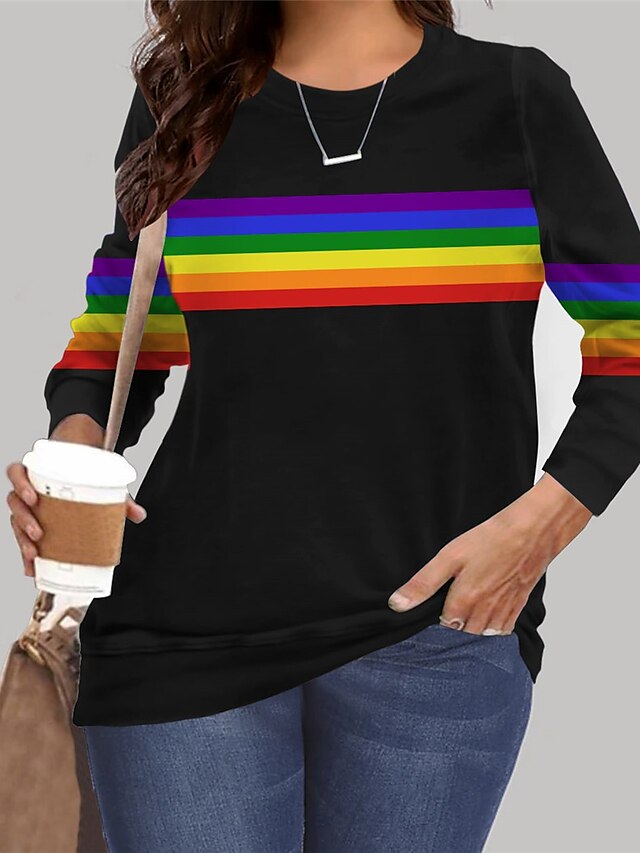  Women's Plus Size Tops Pullover Sweatshirt Rainbow Graphic Long Sleeve Print Basic Hoodie Crewneck Microfiber Daily Vacation Black