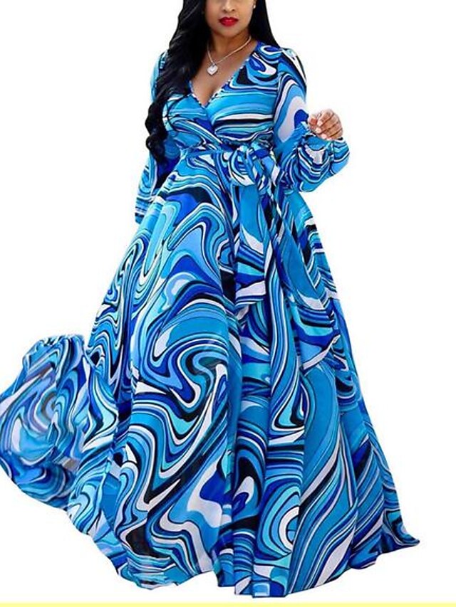  Women's Plus Size Dress Swing Dress Maxi long Dress Long Sleeve Print Print V Neck Elegant Fall White Black Blue M L XL XXL 3XL / Slim