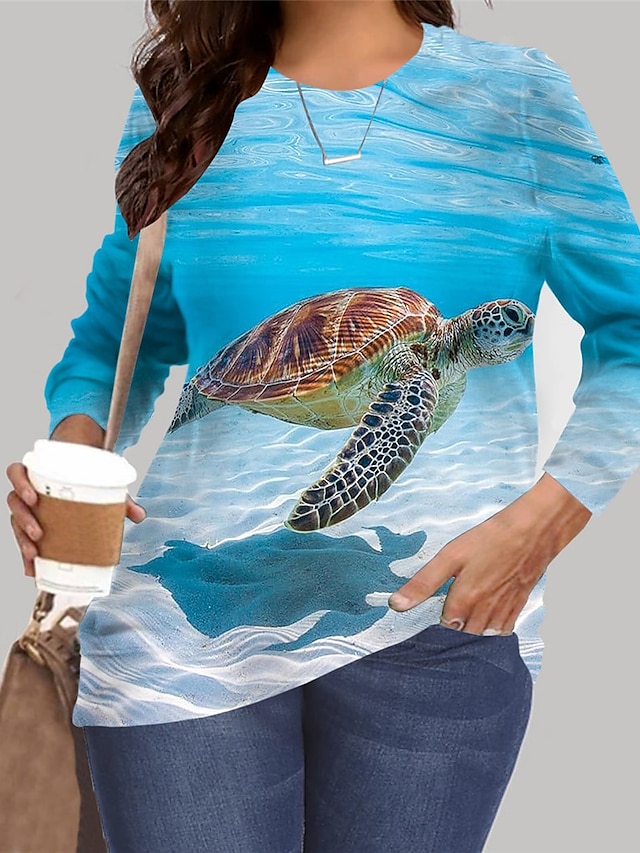  Women's Plus Size Tops Pullover Sweatshirt Graphic Animal Long Sleeve Print Basic Hoodie Crewneck Microfiber Daily Blue