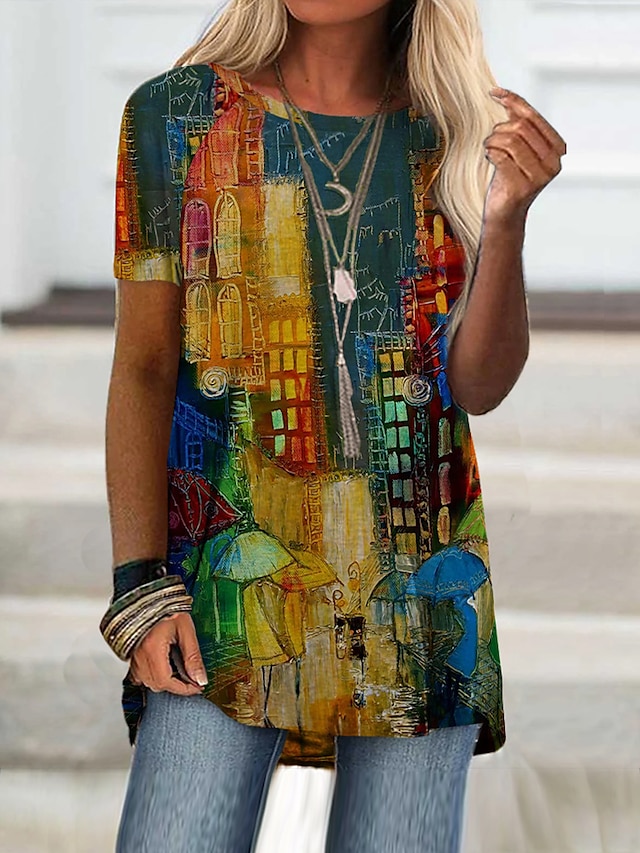  Robe t-shirt Tunique Femme du quotidien Bloc de couleur Robe t-shirt Imprimer Manches Courtes basique Col Rond Arc-en-ciel Standard S / 3D effet