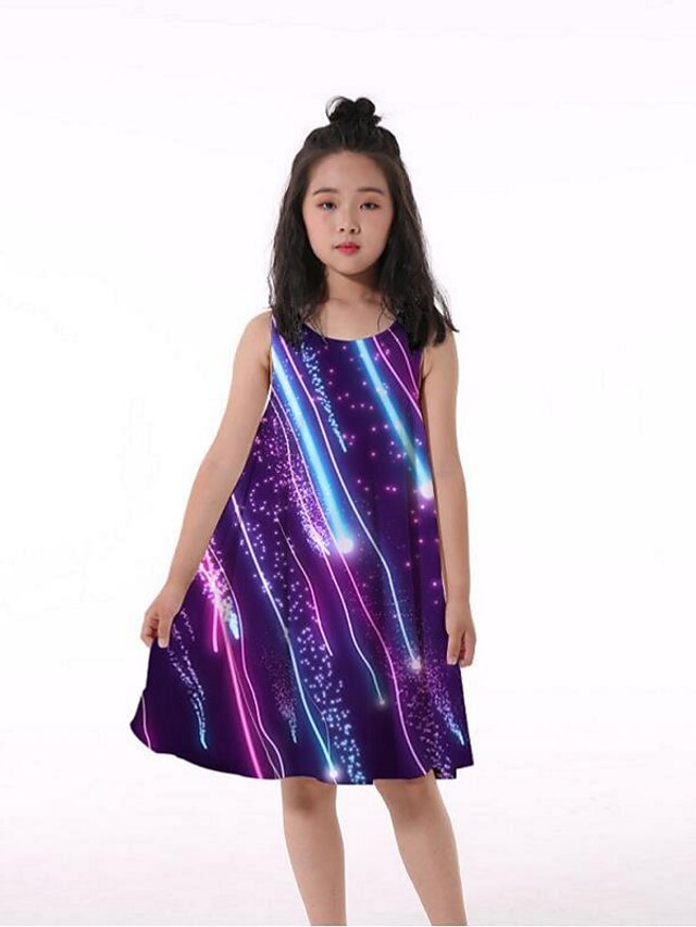  Kids Little Girls' Dress Graphic Tank Dress Ruched Print Rainbow Knee-length Sleeveless Dresses Spring & Summer Loose 4-13 Years