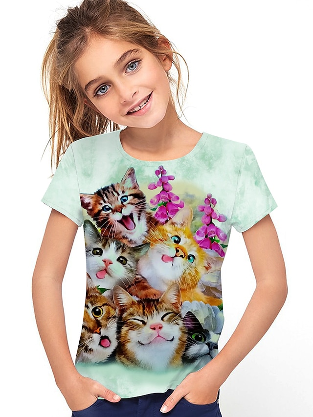  Kids Girls' T shirt Short Sleeve Light Green 3D Print Cat Print Floral Animal Daily Wear Active 4-12 Years / Summer