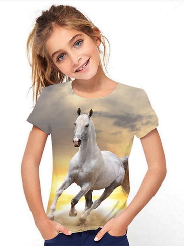  Kinder Mädchen T-Shirt Kurzarm Schwarz 3D-Druck Pferd Grafik Tier Schulanfang Aktiv Baby