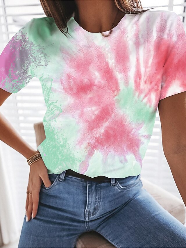  Per donna maglietta Colorato a macchie Rotonda Top Standard Blu Viola Fucsia / Stampa 3D