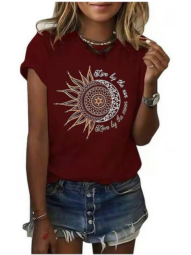  live by the sun love by the moon graphic t-shirts women sun and moon printed short sleeve casual tee tops (s, red)