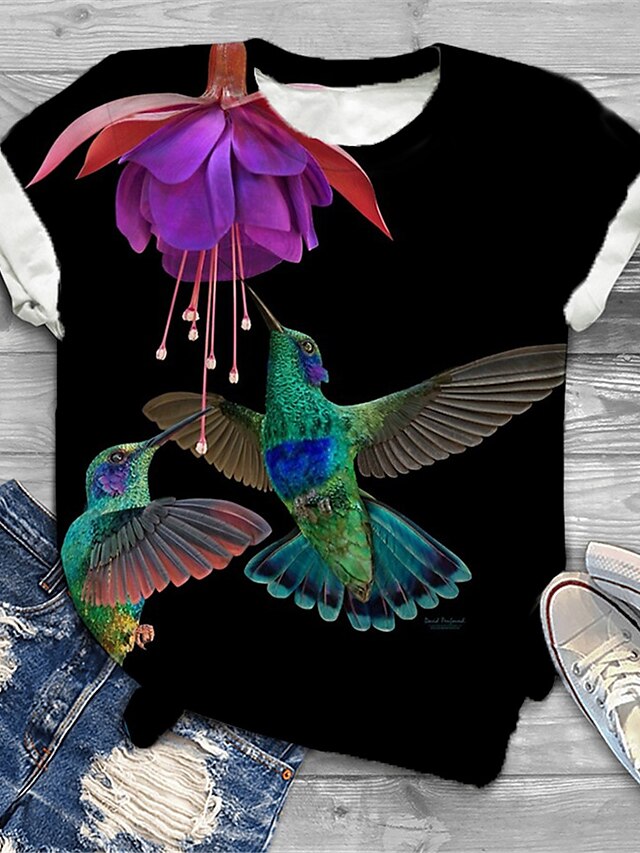  Women's Plus Size Tops Graphic Patterned Bird T shirt Tee Short Sleeve Print Basic Crewneck Cotton Spandex Jersey Daily Summer Black Blue / Regular Fit
