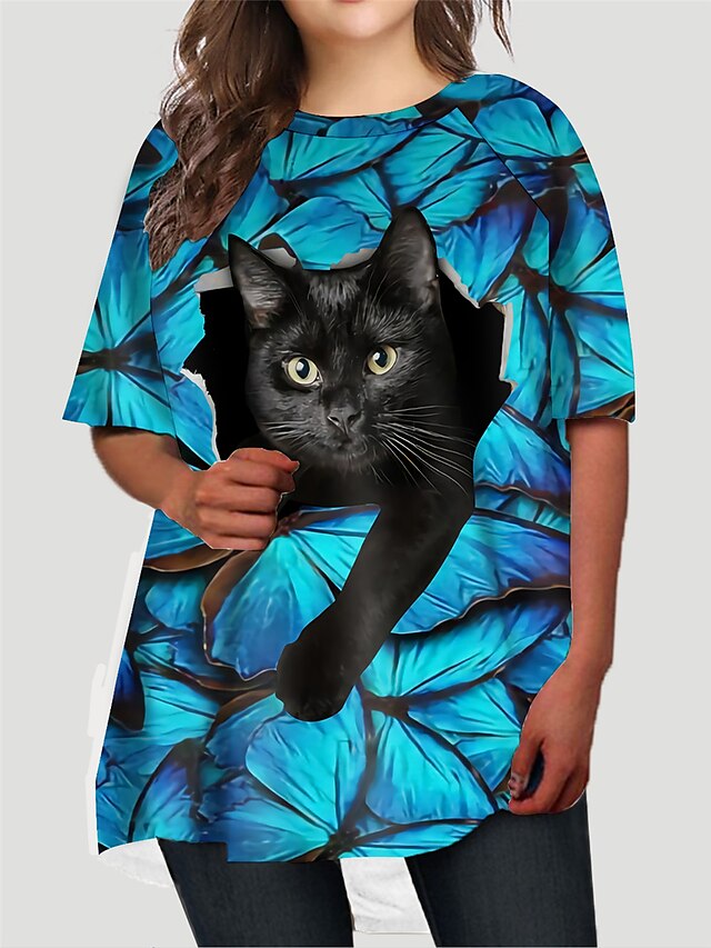  Damen Übergröße Katze Sweatkleid Bedruckt Rundhalsausschnitt Halbe Ärmel Basic Adrett Herbst Frühling Normal Täglich Minikleid Kleid / Graphic