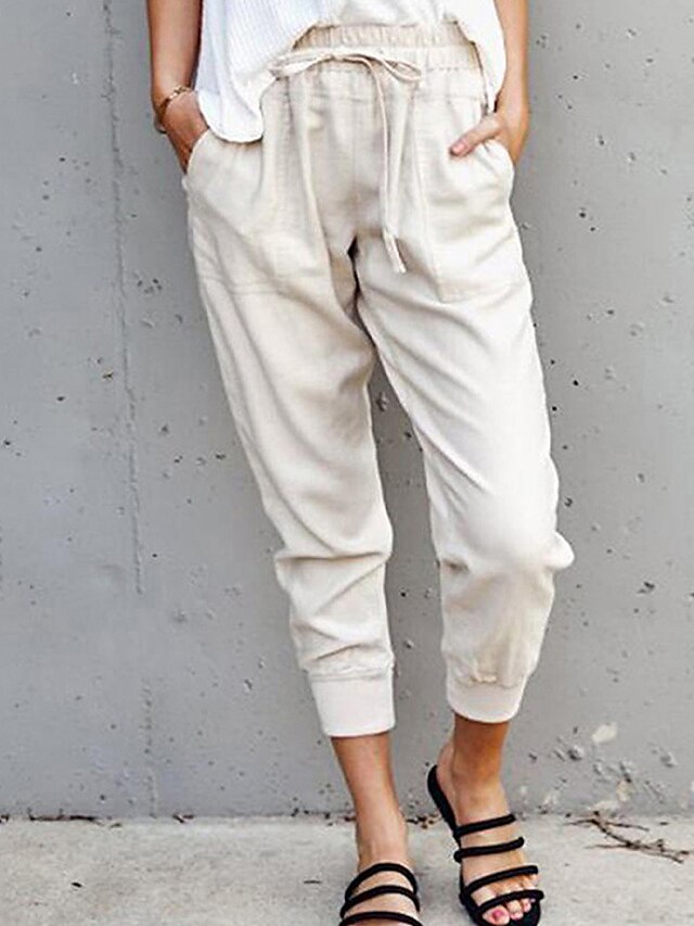  Women's Linen Pants Normal Faux Linen Plain Black White Streetwear Mid Waist Ankle-Length Daily Weekend Summer Spring &  Fall