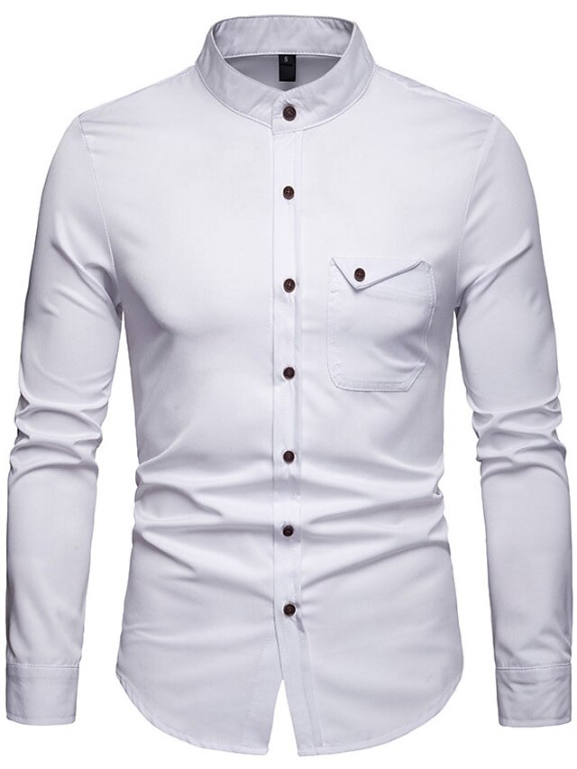  Men's Shirt Solid Color Stand Collar Casual Daily Long Sleeve Tops Simple Basic Formal Wine White Black