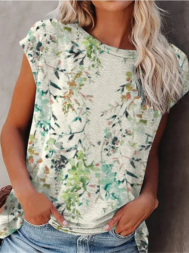  T-shirt Femme Intérieur du quotidien Thème floral Manches Courtes Plantes Fleur Col Rond basique Bleu Rose Claire Gris Hauts Standard / 3D effet