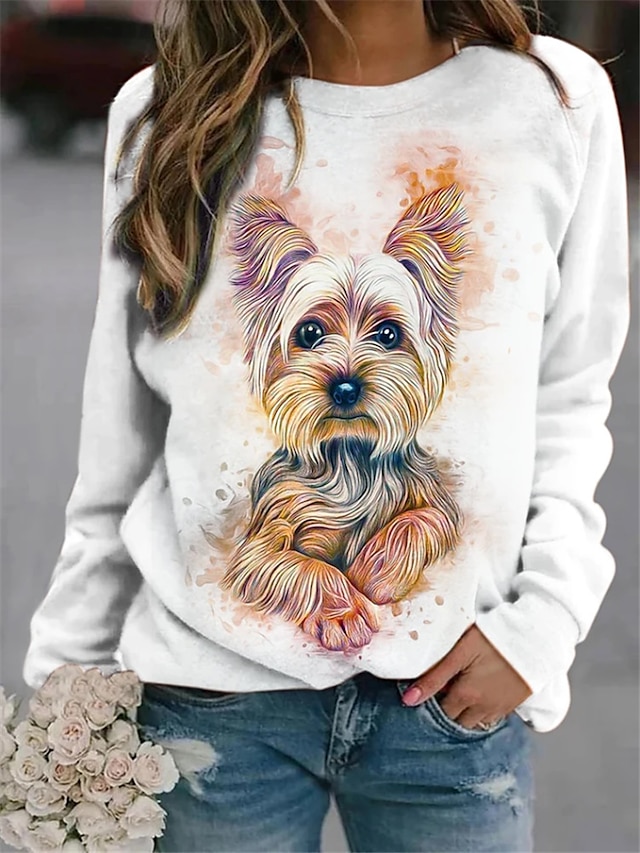  Women's Sweatshirt Pullover Streetwear Sportswear Print White Animal Dog 3D Loose Fit Casual Daily Round Neck Long Sleeve Without Lining Micro-elastic Spring Autumn / Fall Fall & Winter