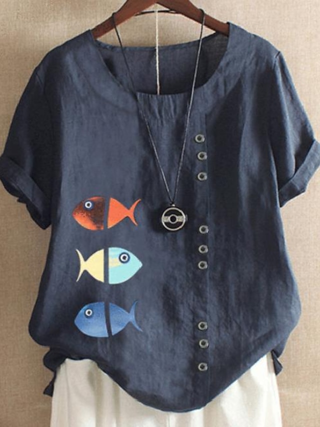  Women's Plus Size Tops Blouse Shirt Print Fish Short Sleeve Round Neck Cotton And Linen Causal Daily Summer Navy Green