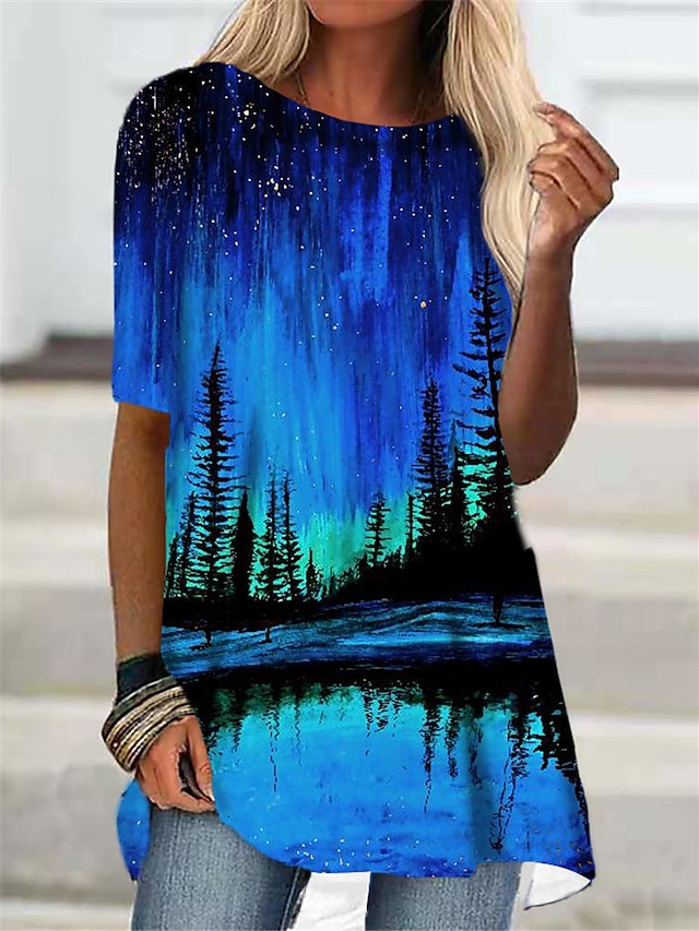  Damen Minikleid T Shirt Kleid Blau Purpur Halbe Ärmel Bedruckt Bedruckt Rundhalsausschnitt Frühling Sommer Alltag 2022 Lose S M L XL XXL 3XL