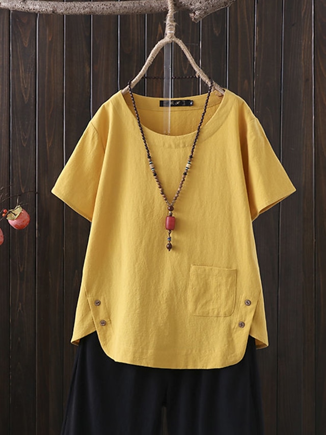  Women's Shirt Blouse Solid Color Daily Going out Navy White Yellow Short Sleeve Basic Casual Crew Neck Regular Fit Summer Spring