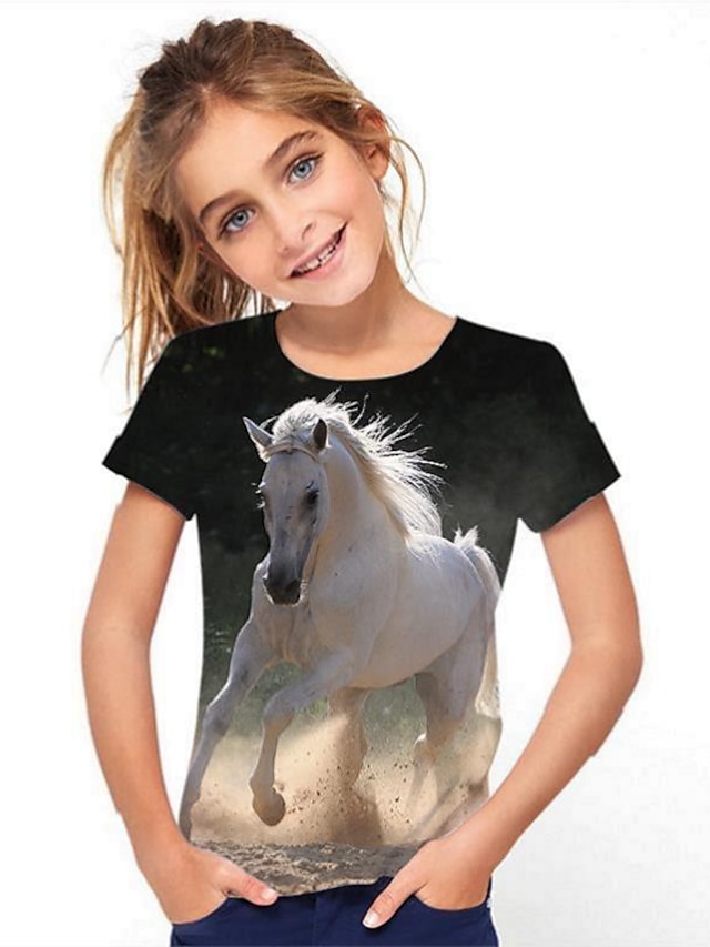  Jente 3D Grafisk Dyr T skjorte T-skjorte Kortermet 3D-utskrift Vår sommer Aktiv Polyester Rayon Barn 3-12 år Skole