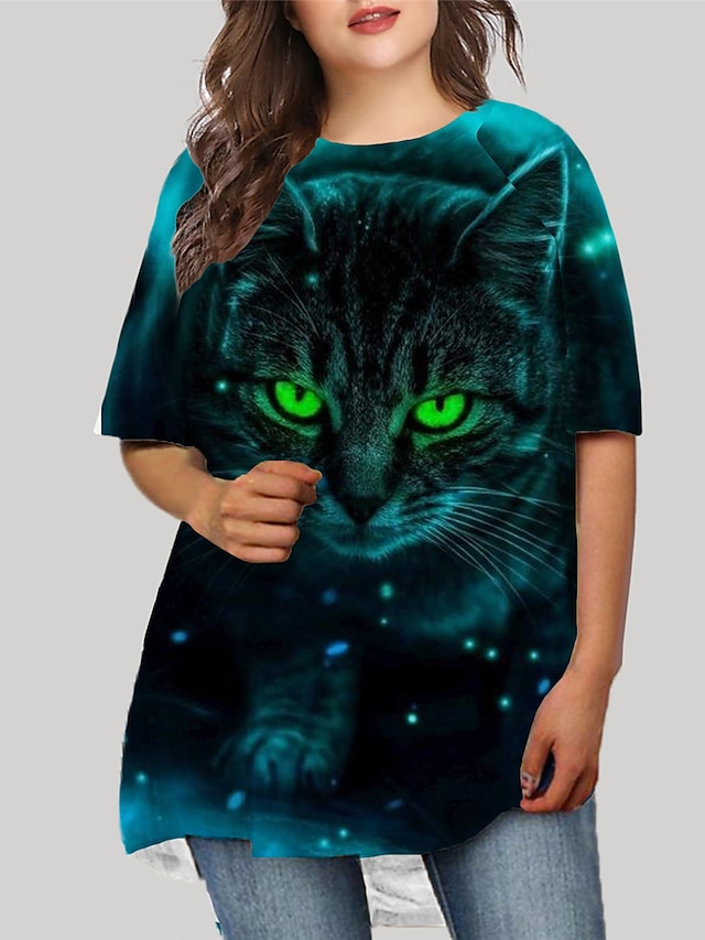  Damen Übergröße Katze T Shirt Kleid Bedruckt Rundhalsausschnitt Halbe Ärmel Grundlegend Herbst Frühling Normal Täglich Minikleid Kleid
