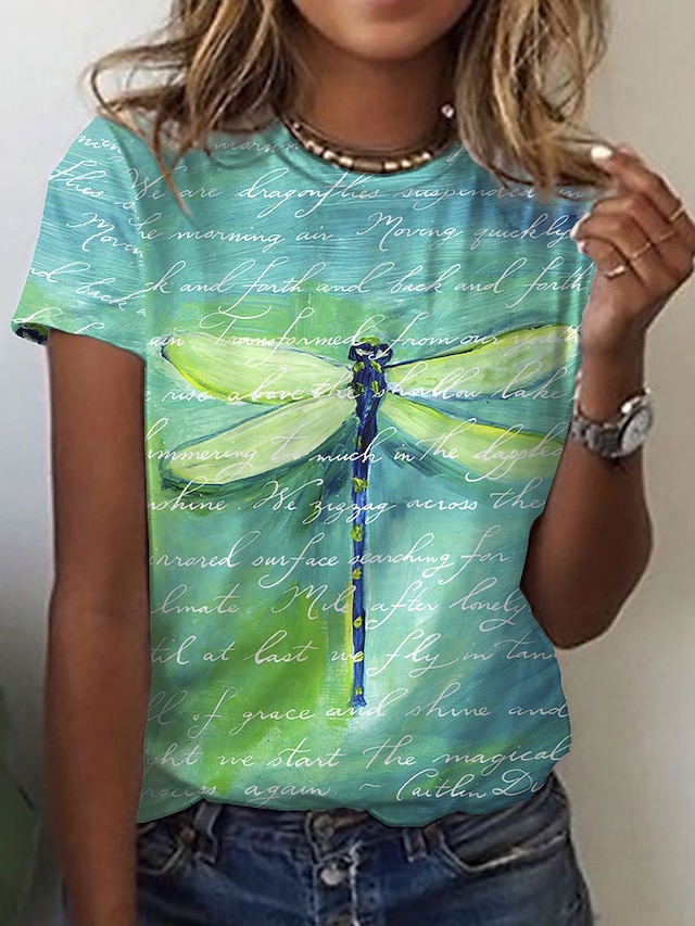  Dame Grafisk Dyr Daglig Weekend Abstrakt Maleri Kortærmet T-shirt Rund hals Trykt mønster Basale Årgang Toppe Grøn S / 3D-udskrivning