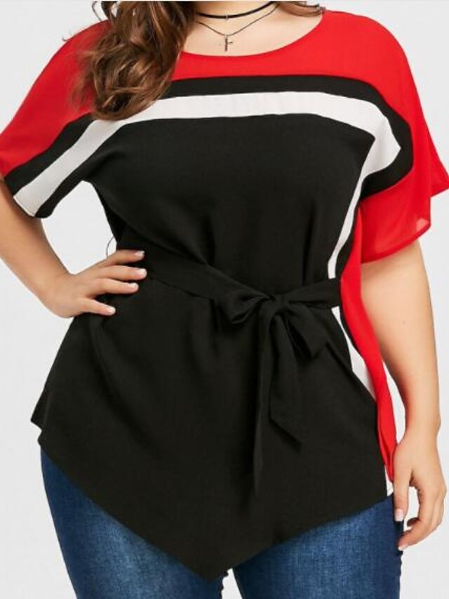  Tops de talla grande para mujer blusa camisa color block patchwork cuello redondo streetwear negro talla grande xl xxl 3xl 4xl 5xl