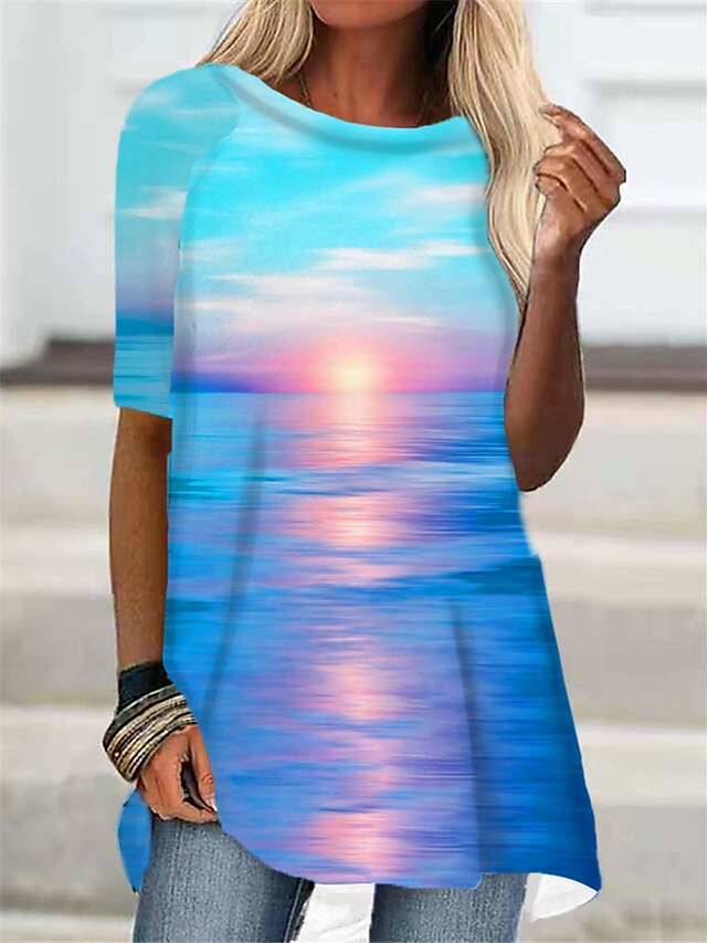  Mujer Mini vestido corto Vestido estilo camiseta Azul Piscina Morado Media Manga Estampado Estampado Gradiente de Color Escote Redondo Otoño Verano Festivos Casual 2021 S M L XL XXL 3XL