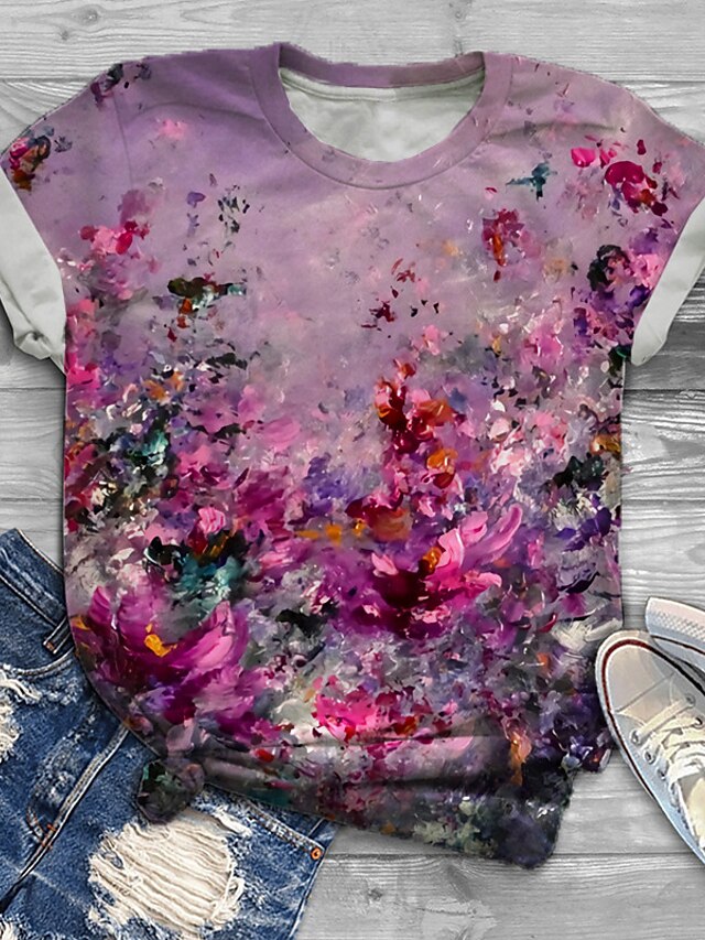  Women's Plus Size Tops T shirt Tee Floral Graphic Patterned Short Sleeve Print Basic Preppy Crewneck Cotton Spandex Jersey Daily Holiday Summer Purple Yellow