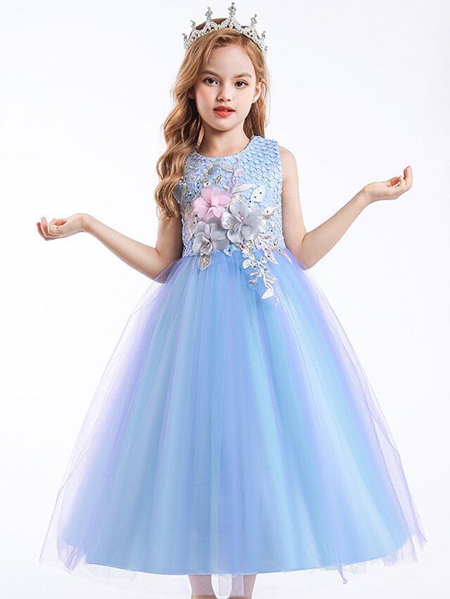  Kids Little Girls' Dress Floral Wedding Birthday Party Layered Dress Embroidered Mesh Lace Pink Light Blue Maxi Sleeveless Princess Sweet Dresses Summer Regular Fit 4-13 Years