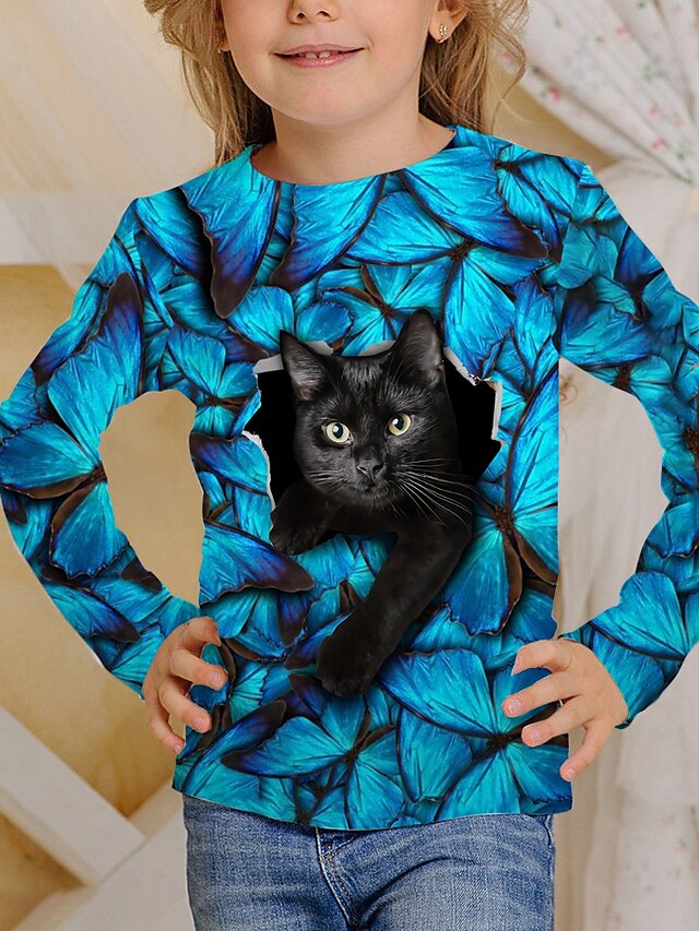  Kinder Katze Blume 3D-Druck T-Shirt T-Shirt Langarm blau schwarz Tierdruck Schule Alltag aktiv 4-12 Jahre / Herbst