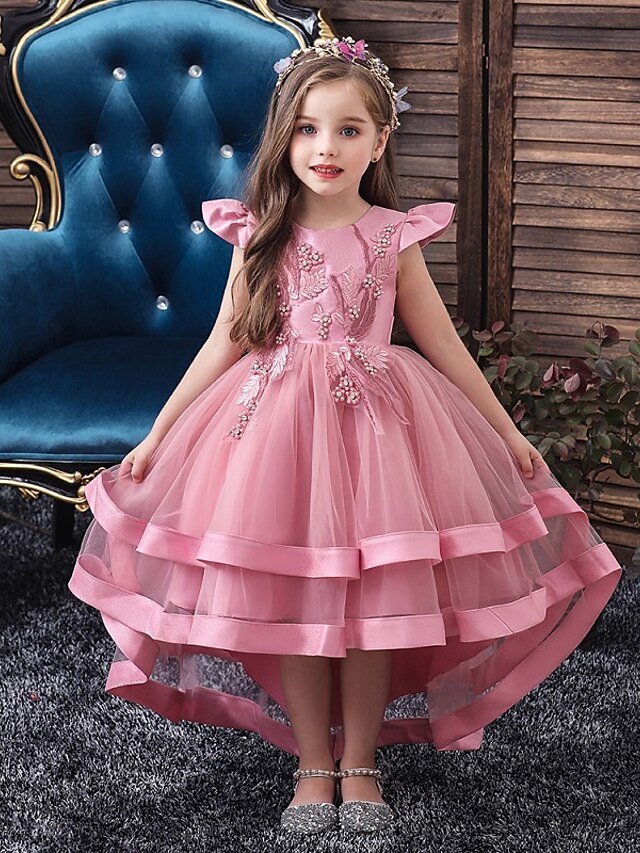 Kids Little Girls' Dress Solid Colored Layered Dress Wedding Party Beaded Embroidered Layered Blushing Pink Wine Khaki Asymmetrical Short Sleeve Active Sweet Dresses New Year Slim 3-12 Years