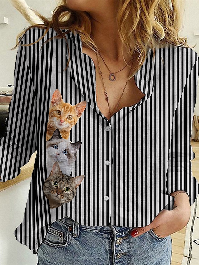  Damen 3D Cat Bluse Hemd Gestreift Katze 3D Langarm Taste Druck Hemdkragen Grundlegend Oberteile Schwarz