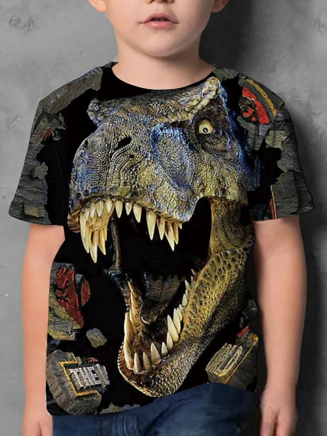  Børn Drenge T-shirt Kortærmet Dinosaurus 3D-udskrivning Farveblok Dyr Crewneck Hurtigtørrende Blå Gul Kakifarvet Børn Toppe Sommer Basale Gade Afslappet 3-12 år