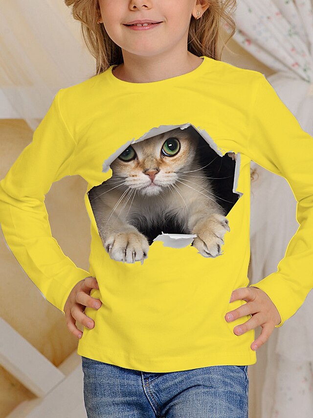  T-shirt Tee-shirts Garçon Fille Enfants manche longue Chat 3D effet Animal Chat Imprimer Jaune Enfants Hauts Automne Actif Usage quotidien Standard 4-12 ans