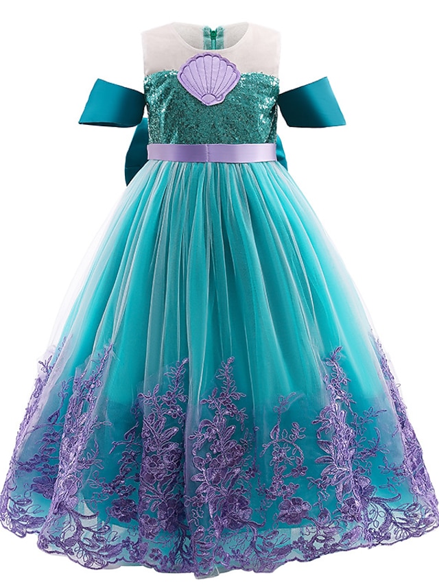  Kids Little Dress Girls' Floral The Little Mermaid Party Festival Tulle Dress Mesh Embroidered Bow Green Purple Army Green Midi Satin Cotton Mesh Sleeveless Princess Sweet Dresses Summer Regular Fit