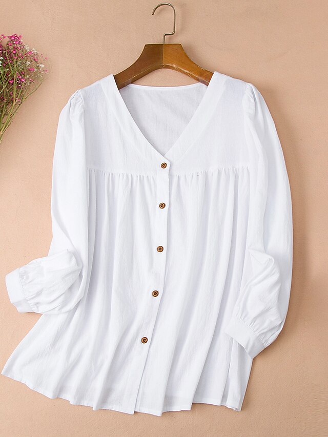  Women's Plus Size Tops Blouse T shirt Plain Button V Neck Long Sleeve Fall Spring Basic khaki White Black Big Size L XL XXL 3XL 4XL / Cotton / Holiday / Cotton