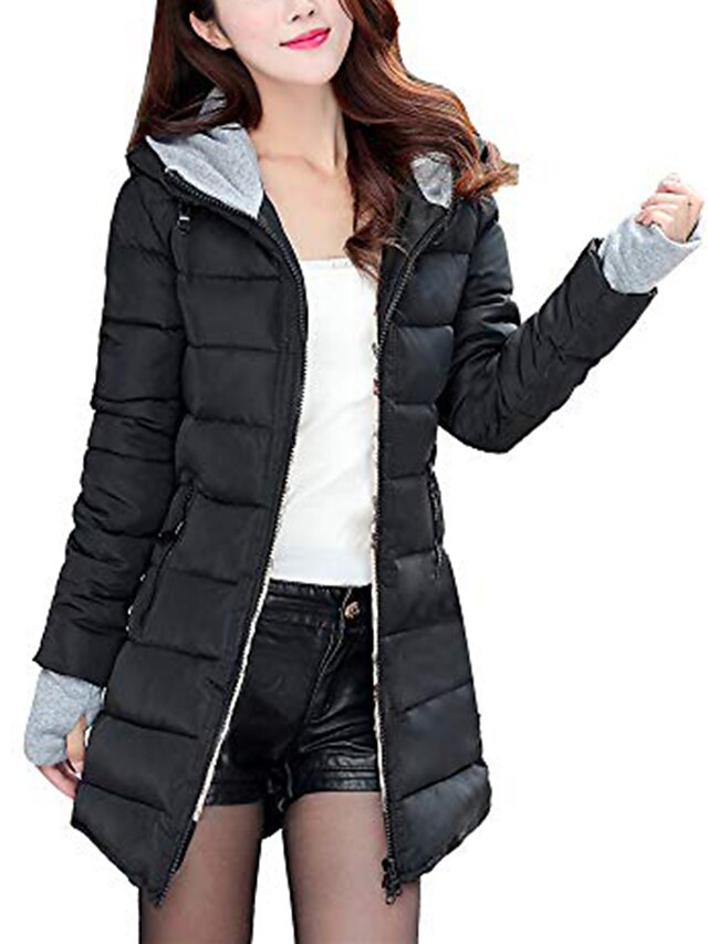  women long sleeve outerwear with gloves cotton-padded jackets pocket hooded coat(medium,black)
