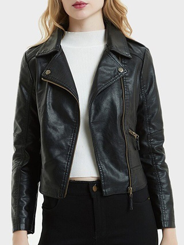  Women's Jacket Faux Leather Jacket Fashion Casual Daily Wear Coat Regular PU A red A black Spring &  Fall V Neck S M L XL XXL XXXL