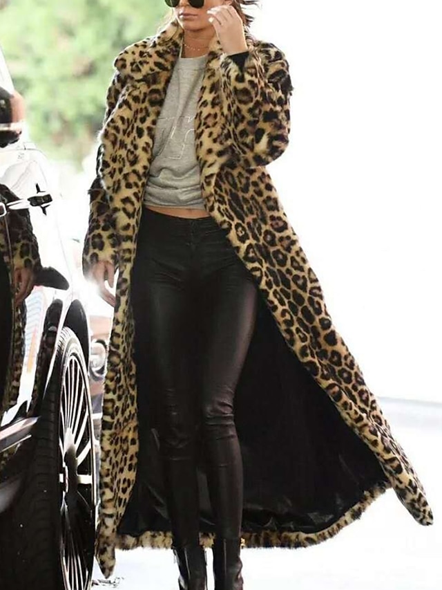  Damen Mantel aus Kunstpelz Strasse Täglich Herbst Winter Maxi Mantel Regular Fit Windundurchlässig warm halten Jacken Langarm Leopard Khaki